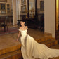 Elegant A Line Spaghetti Strap Pleated White Satin Long Train Wedding Dress SH7322