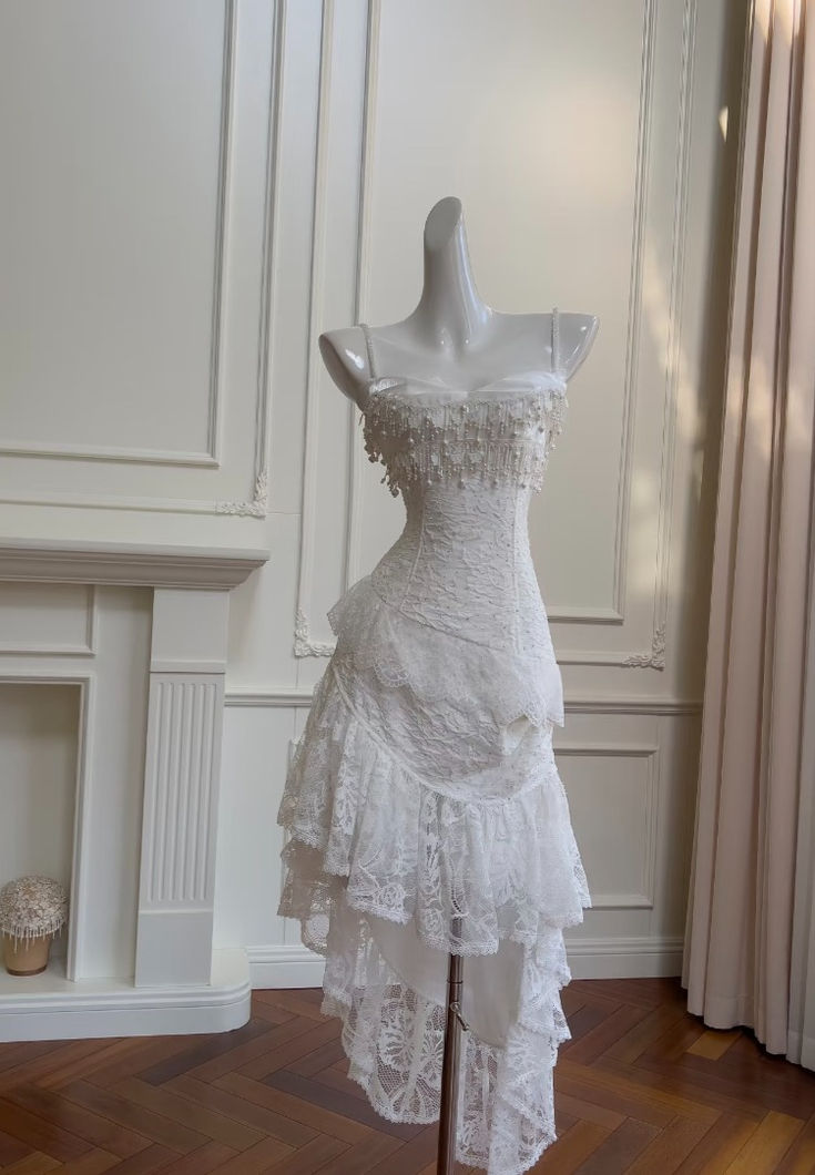 Cute A Line Spaghetti Strap Tiered Pearl White Lace Party Dress Evening Dress SH2818