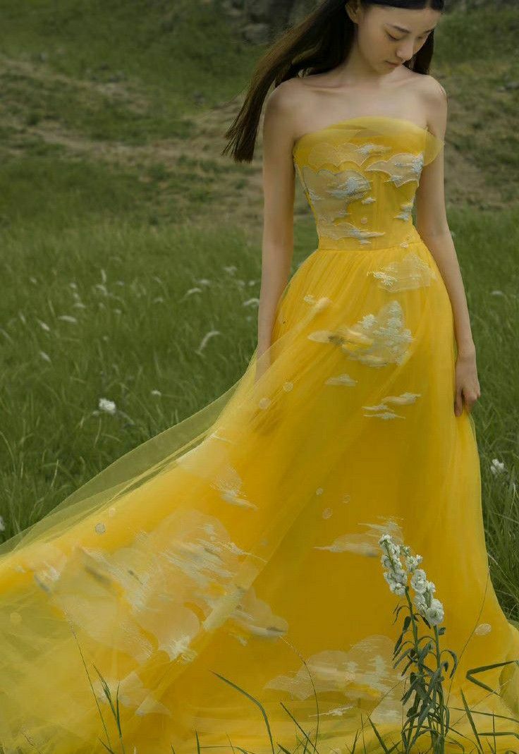 Yellow A Line Strapless White Appliques Tulle Long Prom Dress Party Dress SH4686