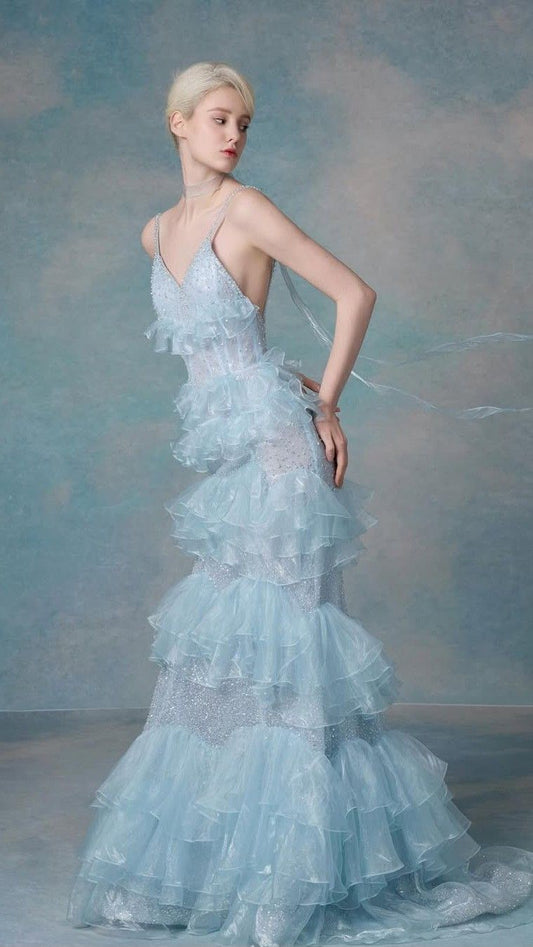 Dreamy Blue Mermaid Spaghetti Strap Beaded Layered Organza Prom Dress 16th Birthday Dress SH4202