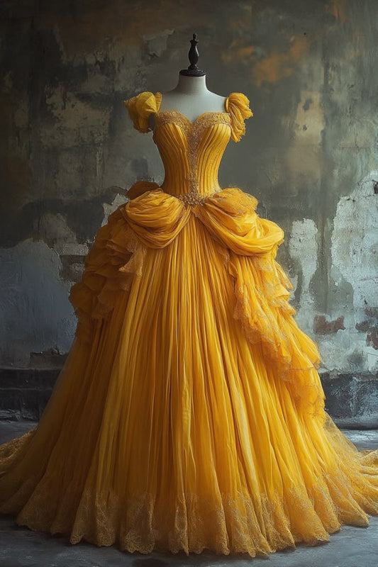 Yellow A Line Sweetheart Neck Appliques Tulle Long Prom Dress Graduation Prom Dress SH2454