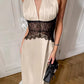 Apricot A Line Halter V Neck Lace Satin Backless Long Prom Dress Evening Dress SH5763