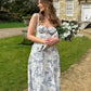 Simple A Line Spaghetti Straps Blue Print Floral Satin Prom Dress Evening Dress SH6372