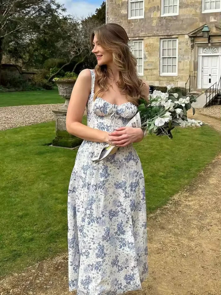 Simple A Line Spaghetti Straps Blue Print Floral Satin Prom Dress Evening Dress SH6372