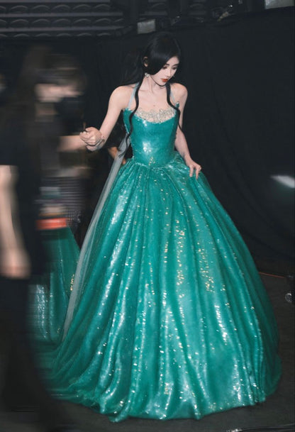 Gorgeous A Line Strapless Green Sequin Long Sweep Party Dress Evening Dress SH2879