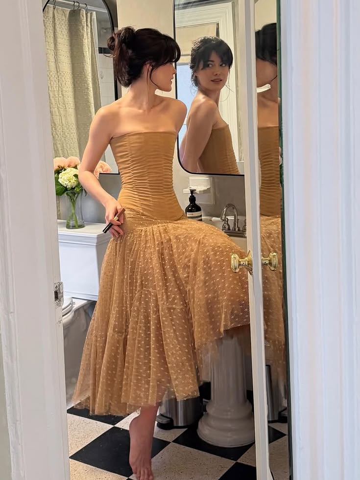 Khaki A Line Strapless Corset Polka Dot Tulle Long Prom Dress Evening Dress SH7727