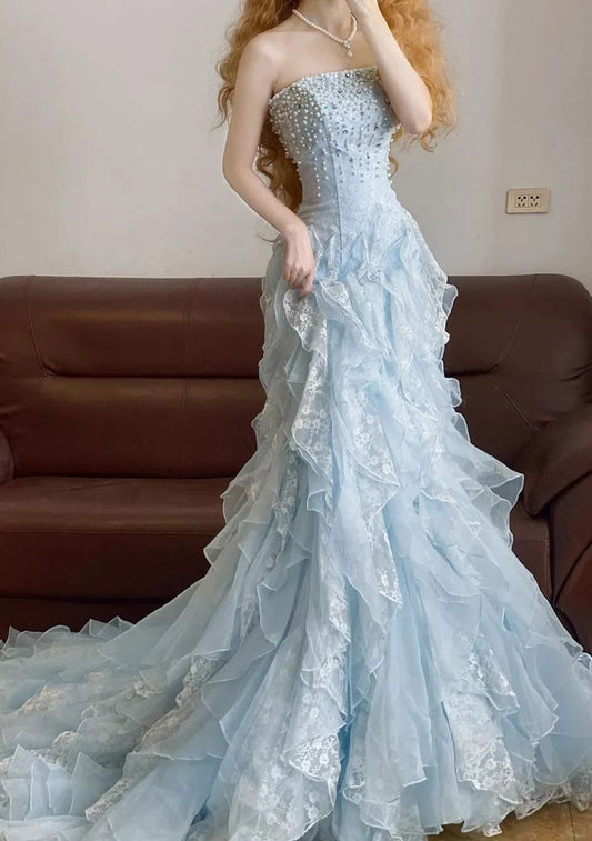 Baby Blue Mermaid Exquisite Beaded Layered Chiffon Lace Graduation Prom Dress Wedding Guest Dress SH5430