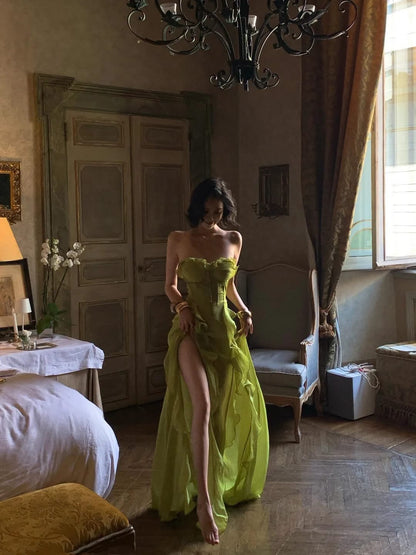 Ethereal Green A Line Sweetheart Neck Chiffon Prom Dress Evening Dress with Slit SH6920