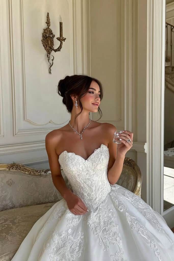 Stunning Ball Gown Sweetheart Neck Lace Appliques White Tulle Long Wedding Dress SH8709