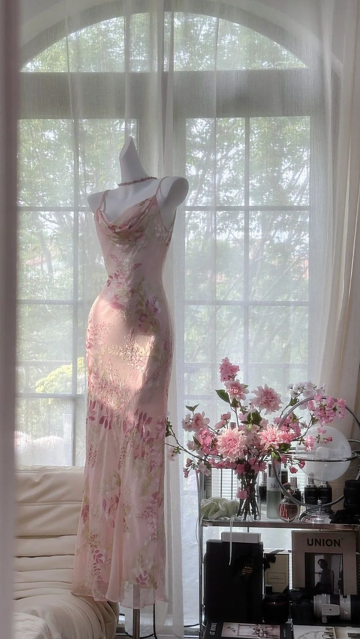Flowy Elegant Pink Print Floral Beaded Chiffon Evening Dress Party Dress SH3473