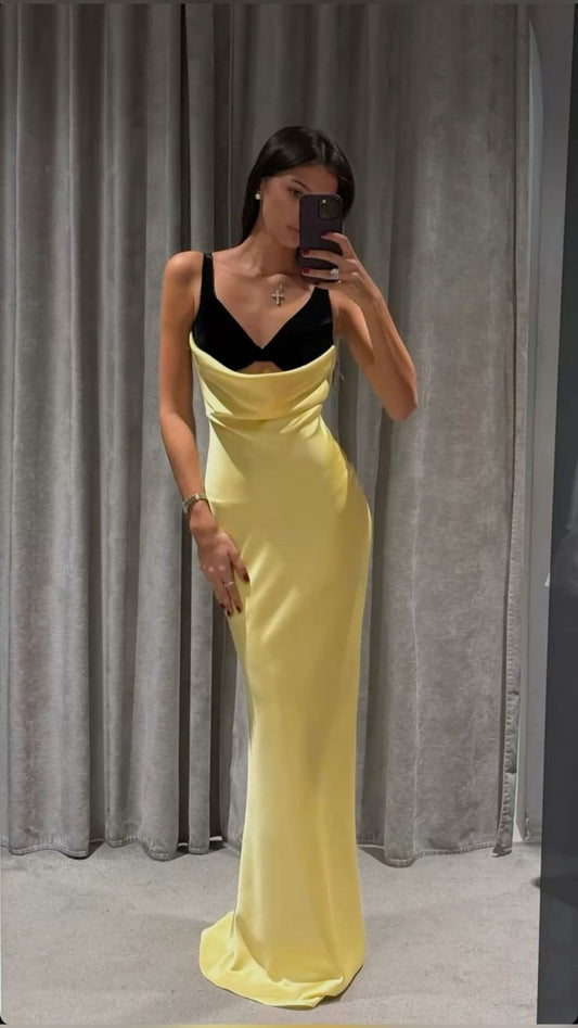 Unique Sheath Straps Yellow Black Satin Long Prom Dress Evening Dress SH3828