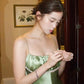 Vintage A Line Spaghetti Strap Beaded Green Satin Party Dress Evening Dress SH2864