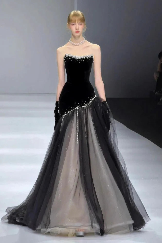 Stunning Mermaid Strapless Pearls Black Velvet Tulle Long Prom Dress Evening Dress SH7211