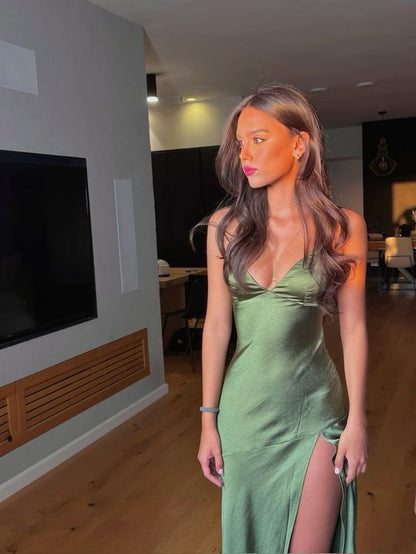 Green Simple A Line Spaghetti Straps Satin Open Back Prom Dress Evening Dress with Slit SH3784