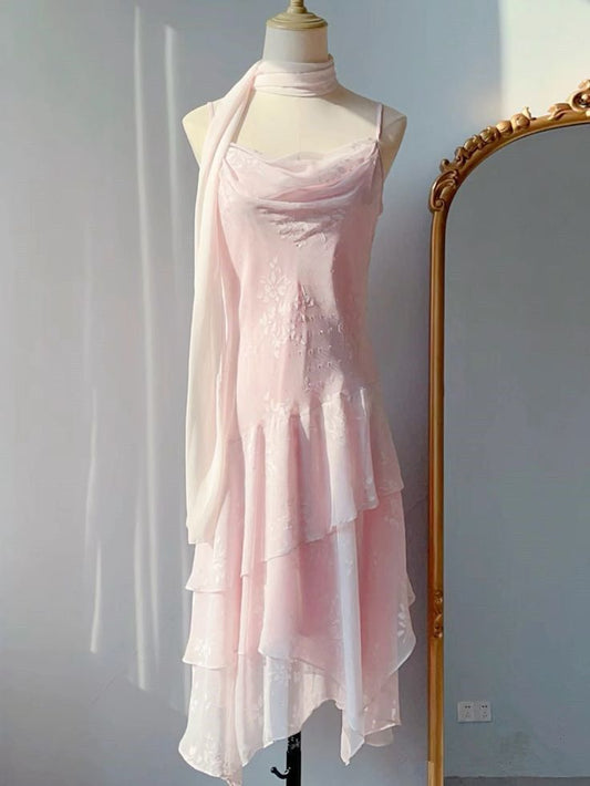 Gentle Pink Print Floral A Line Spaghetti Strap Ruffle Chiffon Party Dress Homecoming Dress SH3830