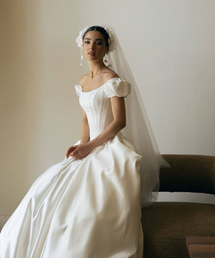Classic A Line Off the Shoulder Corset White Satin Long Wedding Dress SH5283