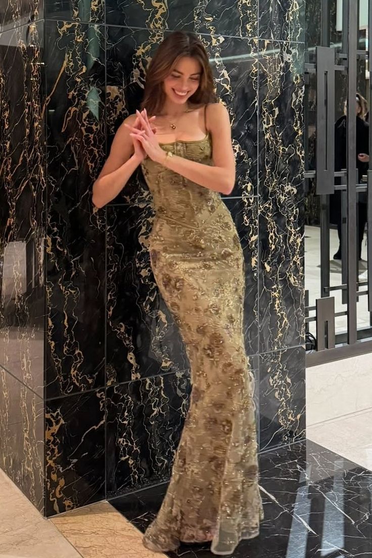 Gorgeous Mermaid Spaghetti Straps Floral Olive Green Tulle Prom Dress SH5148