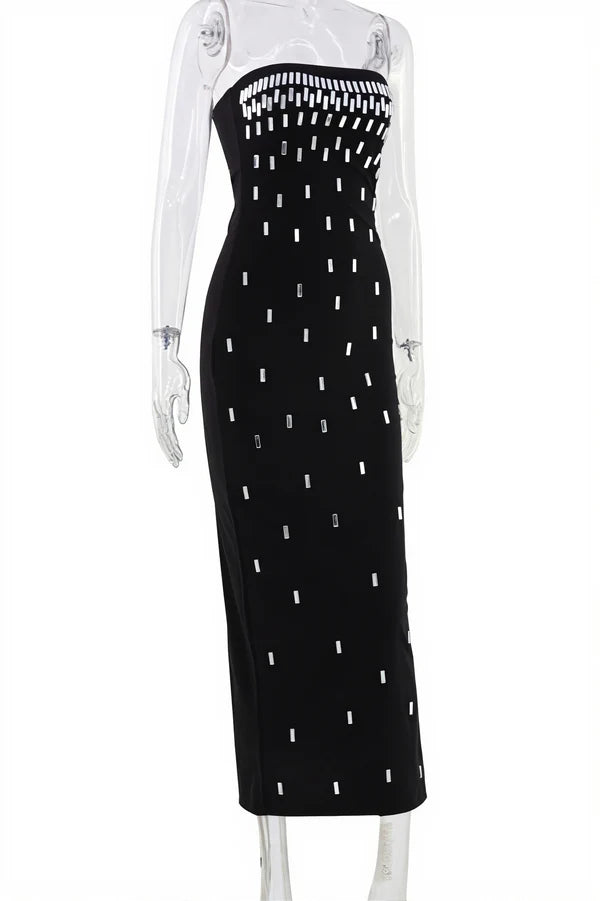 Sexy Sheath Strapless Shiny Rhinestone Black Satin Prom Dress Evening Dress SH5758