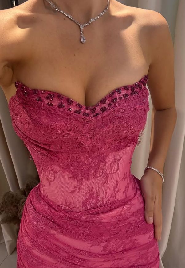 Pink A Line Sweetheart Neck Beaded Lace Prom Dress Evening Dress with Slit SH4438