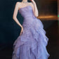 Lilac Ball Gown Strapless Pleated Layered Organza Tulle Long Prom Dress Evening Dress SH7212