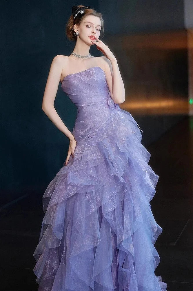 Lilac Ball Gown Strapless Pleated Layered Organza Tulle Long Prom Dress Evening Dress SH7212
