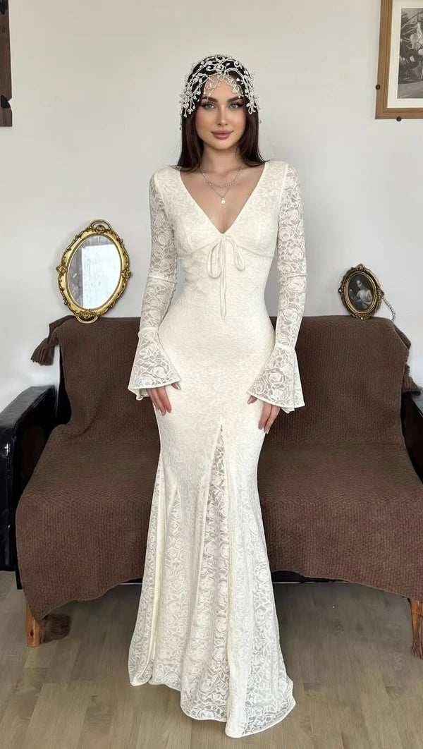 Romantic Mermaid V Neck White Lace Long Prom Dress Evening Dress SH7086