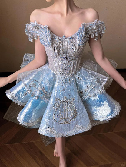 Blue A Line Off the Shoulder Exquisite Beaded Sequin Short Homecoming Dress SH5033