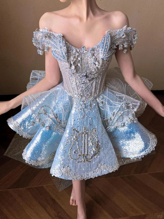 Blue A Line Off the Shoulder Exquisite Beaded Sequin Short Homecoming Dress SH5033