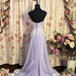 Lilac A Line Sweetheart Neck Beaded Satin Lace Prom Dresses Long Evening Party Dress SH2708