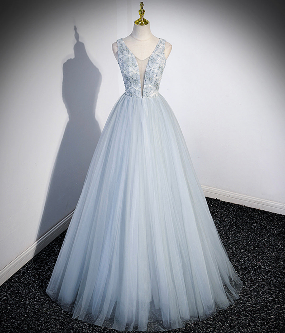 Elegant V Neck Blue Tulle Long Prom Dress Evening Dress Party Dress SH1720