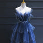 Dark Blue A Line Strapless Beaded Tulle Long Senior Prom Dress Evening Party Dress SH1587