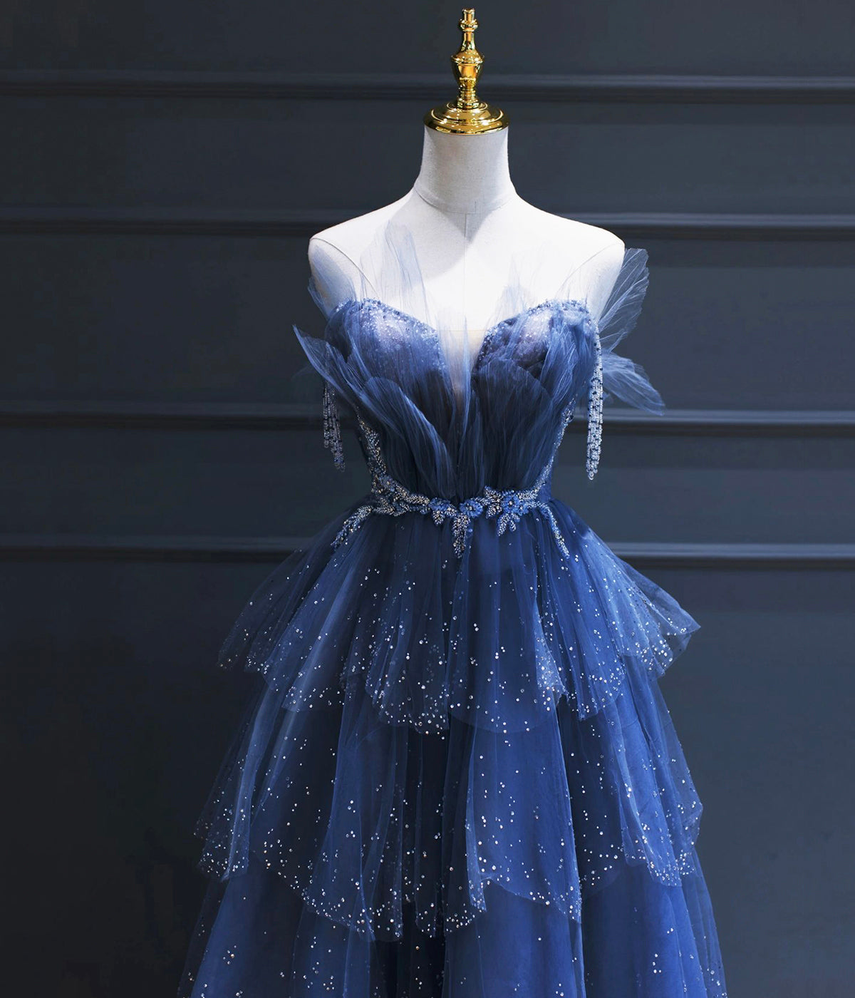 Dark Blue A Line Strapless Beaded Tulle Long Senior Prom Dress Evening Party Dress SH1587