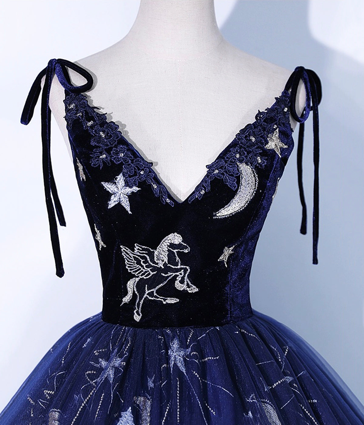 Navy Blue Spaghetti Straps Embroidery Tulle Long Prom Dress Formal Dress SH1749