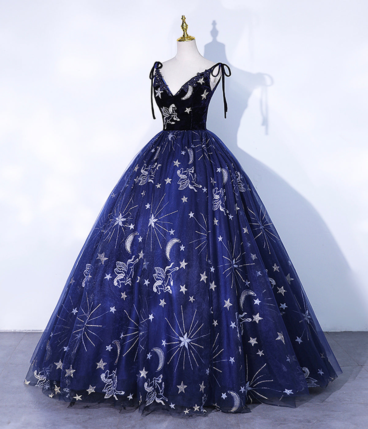 Navy Blue Spaghetti Straps Embroidery Tulle Long Prom Dress Formal Dress SH1749