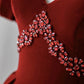 Burgundy A Line Puff Sleeves Velvet Long Prom Dress Evening Dress SH1586