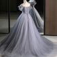 Gray A Line Off the Shoulder Appliques Tulle Long Prom Dress Evening Party Dress SH1770