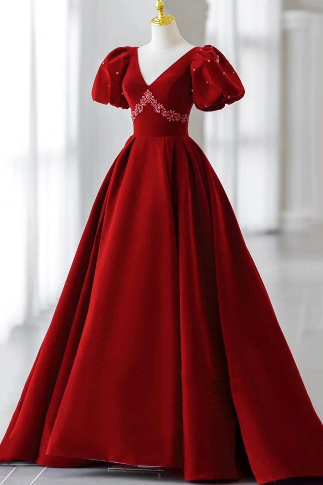 Burgundy A Line Puff Sleeves Velvet Long Prom Dress Evening Dress SH1586