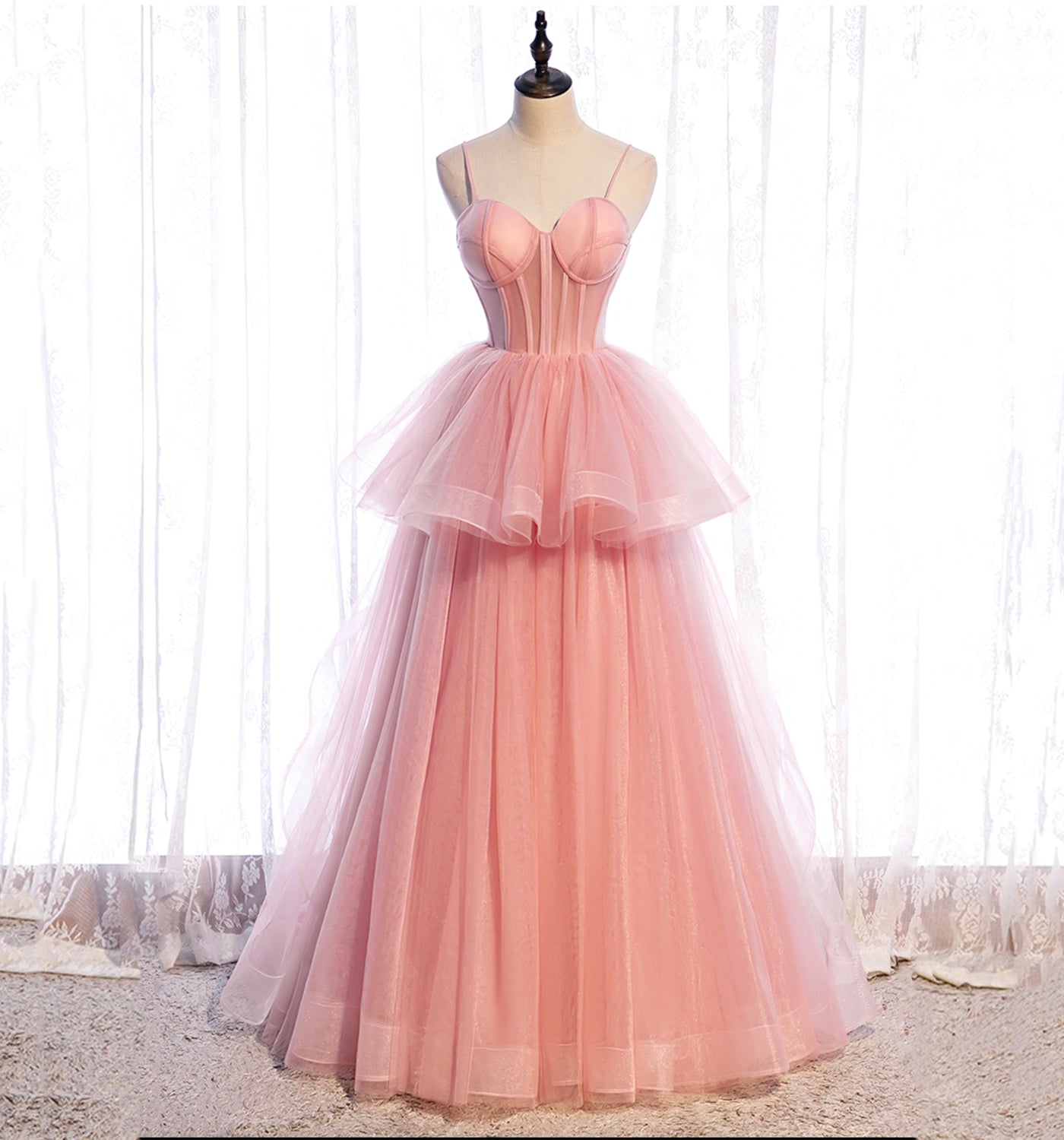 A Line Spaghetti Strap Tulle Prom Dress Evening Dress Seep Train SH1729