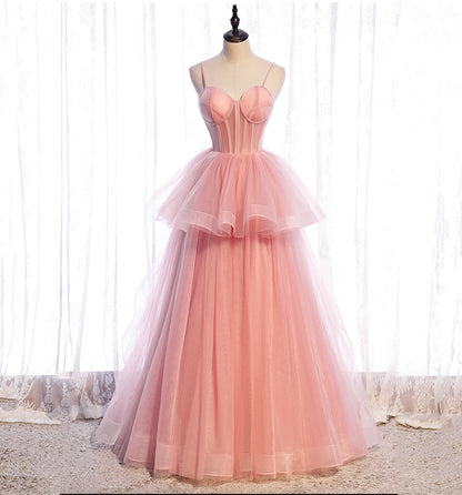 A Line Spaghetti Strap Tulle Prom Dress Evening Dress Seep Train SH1729
