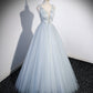 Elegant V Neck Blue Tulle Long Prom Dress Evening Dress Party Dress SH1720
