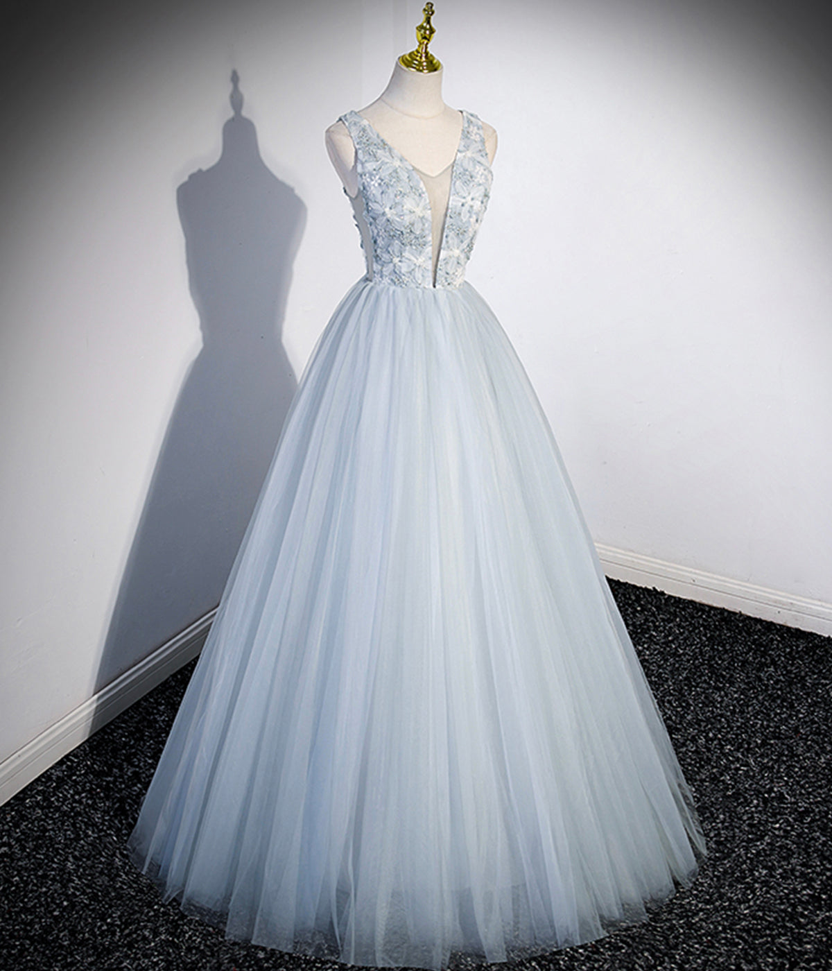 Elegant V Neck Blue Tulle Long Prom Dress Evening Dress Party Dress SH1720