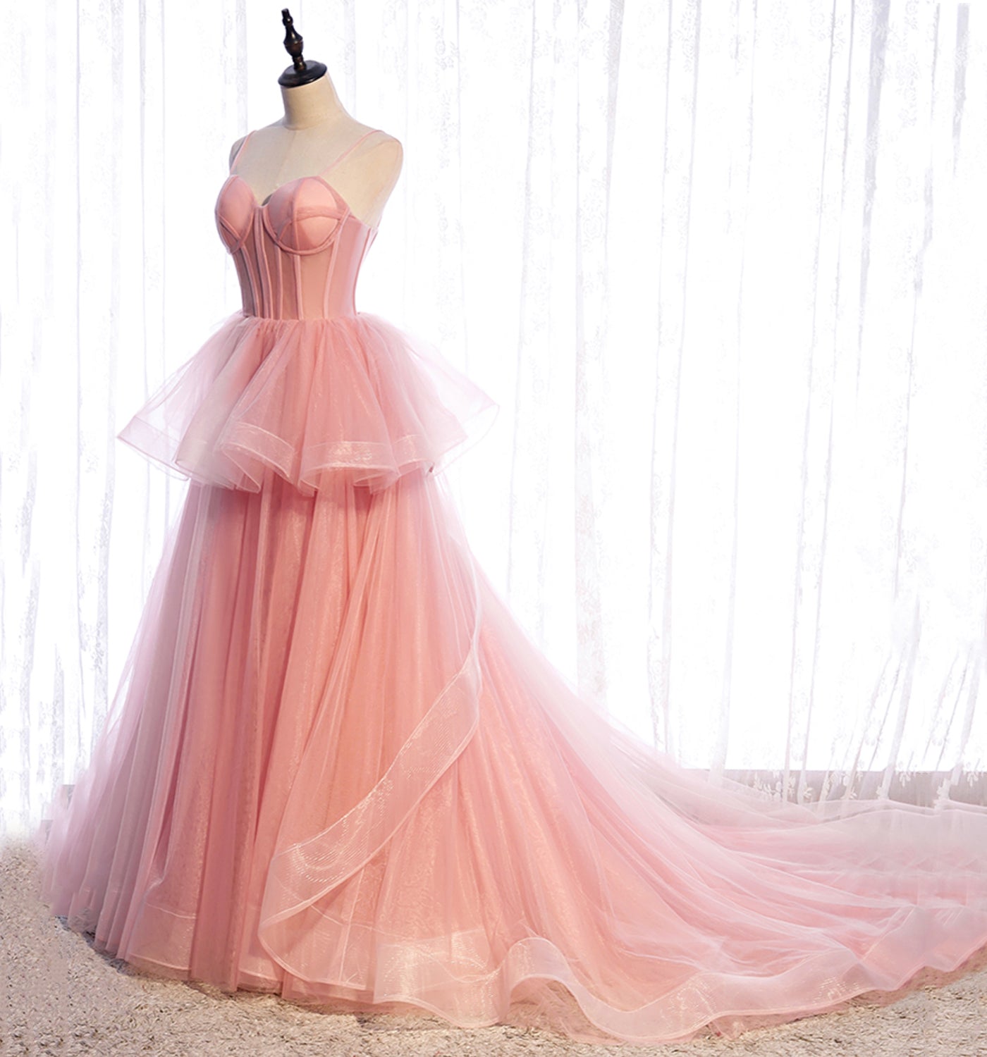 A Line Spaghetti Strap Tulle Prom Dress Evening Dress Seep Train SH1729