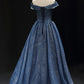 A Line Off the Shoulder Navy Blue Tulle Long Prom Dress Evening Dress SH1765