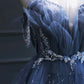 Dark Blue A Line Strapless Beaded Tulle Long Senior Prom Dress Evening Party Dress SH1587