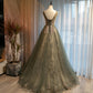 A Line Round Neck Sequins Tulle Long Prom Dress Evening Dress SH1718