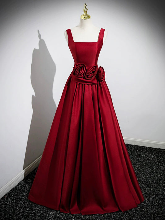 A Line Straps Burgundy Satin Long Prom Dress with Flower SH1724