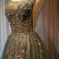 A Line Round Neck Sequins Tulle Long Prom Dress Evening Dress SH1718