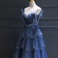 Dark Blue A Line Strapless Beaded Tulle Long Senior Prom Dress Evening Party Dress SH1587