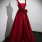 A Line Straps Burgundy Satin Long Prom Dress with Flower SH1724