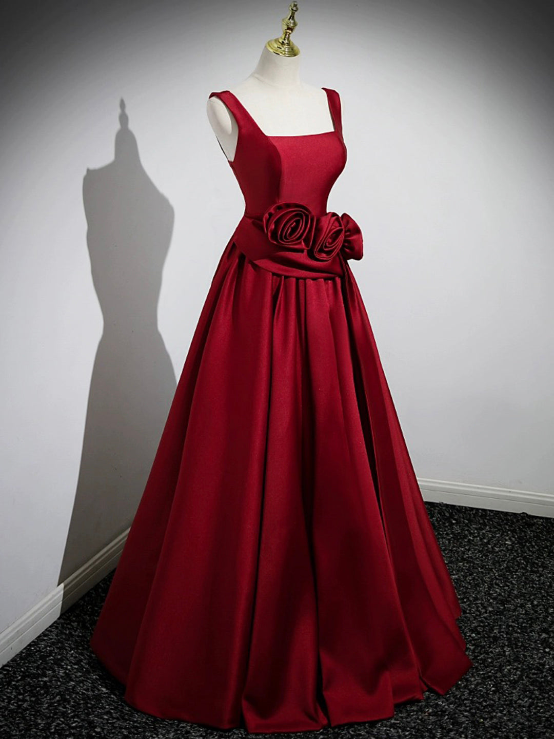 A Line Straps Burgundy Satin Long Prom Dress with Flower SH1724